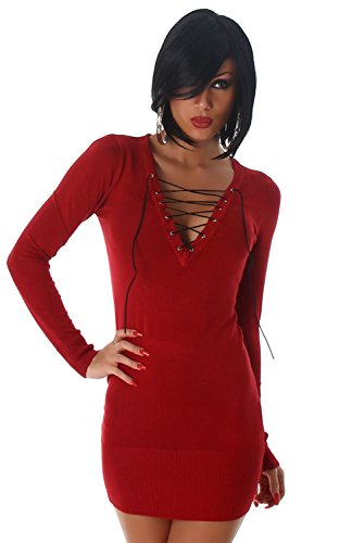 Jela London Damen Strickkleid & Pullover mit Schnüroptik am Dekolletè Einheitsgröße (34-38), dunkelrot - 3