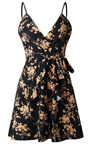 Angashion Damen Sommerkleid Blumen V-Ausschnitt Minikleid Spaghettiträger Mode Strandkleider Mit Gürtel Schwarz L - 4
