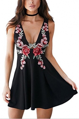 Arrowhunt Damen Mädchen Elegant Blumen V-neck Ärmellos Party Minikleider Kleider -