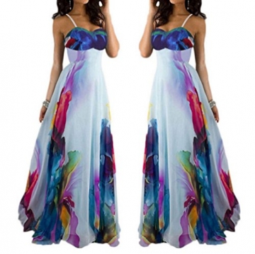 Blansdi Damen Mädchen Frauen Sommer Boho Maxi Blumen lange Strandkleid Trägerkleid V-Ausschnitt Wrapped Big Swing Kleid Clubwear - 