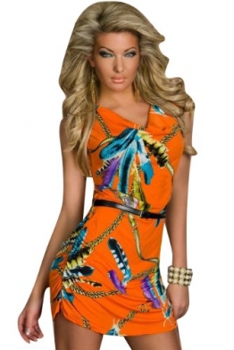 Blansdi Mode Robe Kleid Sexy Babydoll Wrap Federdruck Kleid Minirock Clubwear Kostüm Orange - 1