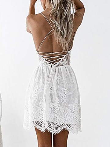 Boutiquefeel Damen Crochet Lace Up Tief V Ausschnitt Slip Rückfrei Mini Kleid Weiß S - 