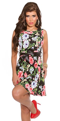 Buntes Minikleid mit Flower-Muster und Satin-Bindegürtel S - 5