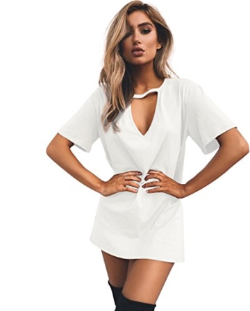 Cindeyar Damen Casual Sommerkleid Minikleid Lose V-Ausschnitt T Shirt Kleid Strandkleid Blusenkleid Kurze Partykleid (Weiß, L) - 2