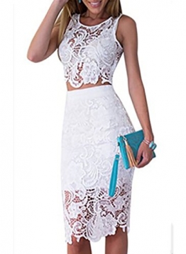 Clorislove Damen Sommerkleid Strandkleid Rundhals Ausschnitt ärmellos Spitze Stitching eng Taille Rock Frauen Partykleid (Medium, Weiß) -