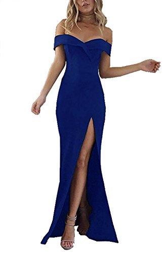CoCo Fashion Damen Trägerlos Bustier Split Maxikleid Sexy Off Shoulder Langes Abendkleid Party Schulter Kleider, Blau, Gr. XL/40 - 1
