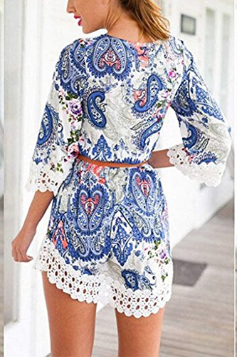 Damen Boho Kimono Sommerkleid Strandkleid Frauen V-Ausschnitt 3/4 Ärmel Hohle Spitze Stitching kurzes Kleid Geometrie Printed Lose Bluse Minikleid - 