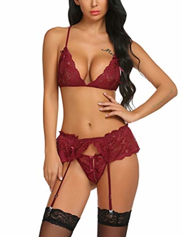 Damen Dessous Set Strapse Spitze Unterwäsche BH Und Slip Reizwäsche Sexy Strapsen Lingerie Nachtwäsche Babydoll - 1