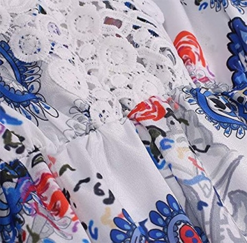 Damen Kimono Weinlese 3/4 Hülsen V-Ausschnitt hohle Spitze Stitching kurzes Kleid Sommerkleid Frauen Boho Geometrie Printed Lose Chiffon Bluse Strandkleid（Darin nicht enthalten Gürtel） - 