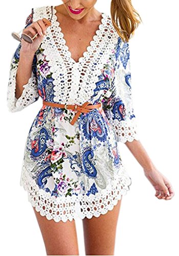 Damen Kimono Weinlese 3/4 Hülsen V-Ausschnitt hohle Spitze Stitching kurzes Kleid Sommerkleid Frauen Boho Geometrie Printed Lose Chiffon Bluse Strandkleid（Darin nicht enthalten Gürtel） -