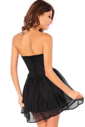 Damen Kleid Skater Kleid Bandeau Minikleid aus Tüll und Spitze mit Unterrock Einheitsgröse S-L (Schwarz) - 