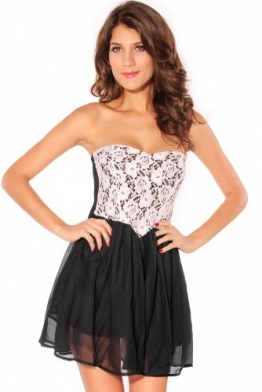 Damen Kleid Skater Kleid Bandeau Minikleid aus Tüll und Spitze mit Unterrock Einheitsgröse S-L (Schwarz) -