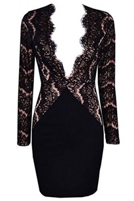 Damen Lace Wimper Nude Illusion Minikleid Schwarz (EINHEITSGRÖSSE, Schwarz) - 2