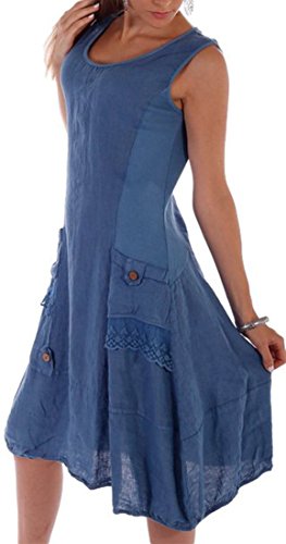 Damen Leinen Kleid ärmellos mit schönen Details (L = 38, Jeans Blau) - 