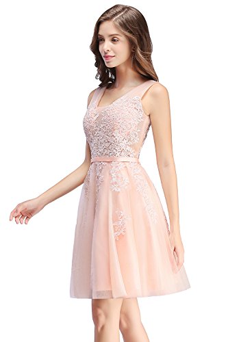 Damen Rosa Perlstickerei Spitze Applique Tüll Schärpe/Band Abendkleid Knielang Cocktailkleid Knielang 36 - 3
