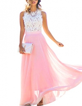 Damen Sommerkleid Lang Chiffon High Waist Sleeveless Beach Kleid Lace Partykleid Elegant Strand Spitze Maxikleid (XXL, Rosa) -