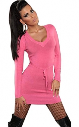 Damen Strickkleid Kleid Pullover Pulli LongShirt Sweatshirt Sweater V-Ausscnitt 34 36 38 40 Pink - 1