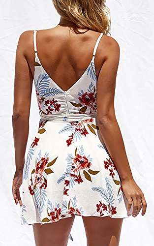 ECOWISH Damen Kleid Sommerkleid V-Ausschnitt Ärmellos Blumendruck Spaghetti Strap Mini Swing Strandkleid Mit Gürtel Weiß M - 3