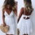 ECOWISH V Ausschnitt Kleid Damen Spitzenkleid Träger Rückenfreies Kleider Sommerkleider Strandkleider Weiß L - 5
