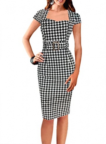 Fordestiny Damen Kurzarm Schleife Cocktailkleid 1950er Jahre Business Stretch Kleid mit Gürtel Hahnentritt X-Large -
