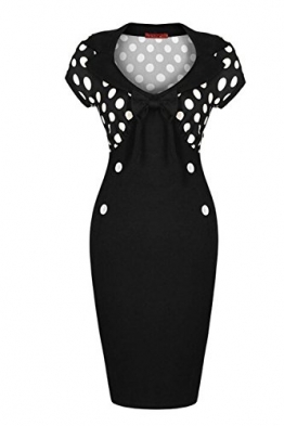 Fordestiny Damen Revers Kurzärmel 1950er Jahre Retro Cocktailkleider Polka Dots Party Abend Kleid XL Schwarz - 1