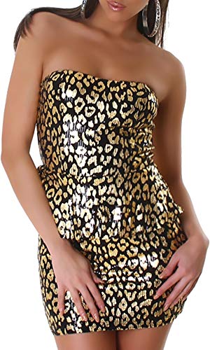 Graffith Damen Bandeau-Kleid Minikleid Glitzer Peplum Schößchen Leopard Leo-Optik Pailletten Party Silvester trägerlos Animal-Print (32/34) - 1