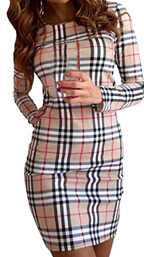 Herbst Winter Deman Langarm Wickelkleider Bleistiftrock Kariert PartyKleid Casual Schrittrock Festkleid Etuikleider Tunikakleid Minikleid Freizeitkleid (EU34(S), Khaki) -