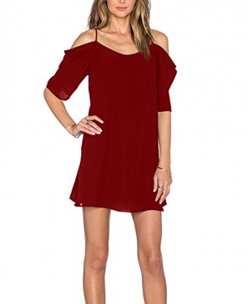 HIMONE Frauen Chiffon Kalte Schulter Trompete-Hülsen-Spaghetti-Bügel-Kleid (40,Rot) - 