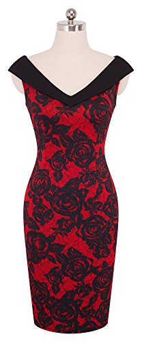 HOMEYEE Damen Elegant V-Ausschnitt Ärmelloses Vintage Rose Floral Cocktailkleid B425(EU 44 = Size XXL,Rot) - 3