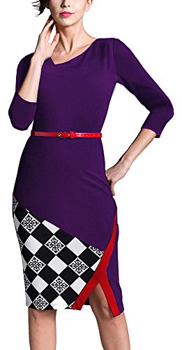 HOMEYEE Damen Ohne Arm Asymmetrische V-Ausschnitt Belted Enges Kleid B290 (EU 36 (Herstellergroesse: S), Violett+Grid- 3/4 Ärmel) - 