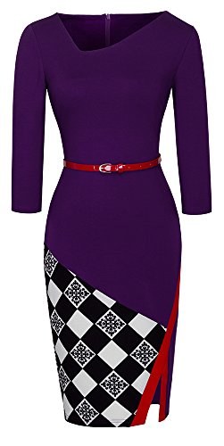HOMEYEE Damen Ohne Arm Asymmetrische V-Ausschnitt Belted Enges Kleid B290 (EU 36 (Herstellergroesse: S), Violett+Grid- 3/4 Ärmel) -