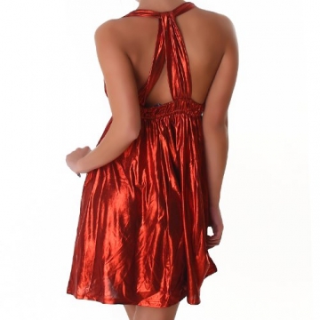 Kleid Cocktailkleid Minikleid V-Ausschnitt Leder-Optik Wet-Look Neckholder Einheitsgröße 34-40 - Rot - 