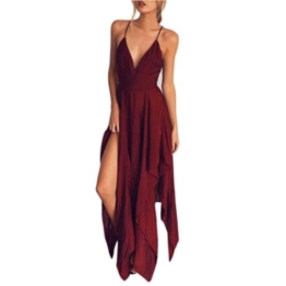 kleid damen Kolylong ® Frauen mit V-Ausschnitt elegante backless lange Kleid Partykleid Strandkleid Abendkleid Sommerkleid (M, Rot) - 1