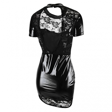 LAEMILIA Damen Wetlook Minikleid Spitze Clubwear Schwarz Lackleder Party Dress Corsage (Brustumfang: 90-100cm, Schwarz) - 