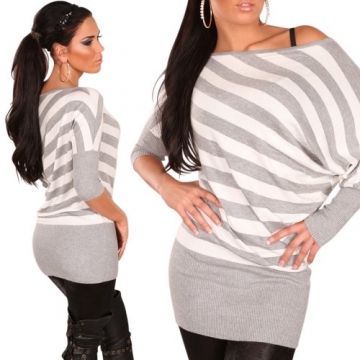 Longpulli Pullover gestreift Streifen asymmetrisch Einheitsgröße 36,38,40,42 - Grau - 2