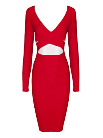 MERCIY Sexy Fest V Ausschnitt Langarm Bodycon Kleid ，Figurbetontes Kleid Knielang (M, Rot) - 3