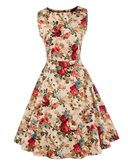 MicBridal® 1950er Vintage Streifen Rund Ausschnitt Retro Schwingen Pinup Rockabilly Kleid (XXL, Champagner Blumen) -