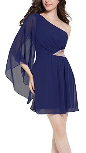 MILEEO Damen Sommer Chiffon Kleid Kurz One Shoulder Elegant mit Pailletten,Dunkelblau Gr.44 -