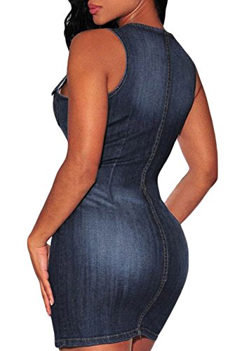 Minetom Damen Sommer Sexy Bodycorn Jeanskleid mit Knopf Ärmelloses Denim Blau Mini Kleid Vintage Tasche Kurz Dress Blau DE 40 - 