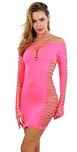 Miss Noir Damen Kleid elastisch und flexibel tragbar Einheitsgröße mit Langärmliges Clubwear Partykleid (Pink) B6043-CO-TU - 1