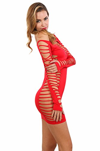 Miss Noir Damen Kleid elastisch und flexibel tragbar Einheitsgröße mit Langärmliges Clubwear Partykleid B6043-RD - 2
