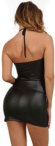 Miss Noir Damen Kleid im Wetlook Mesh-Einsätze Rückenfreies Stretchkleid V-Ausschnitt Exklusives Clubwear Lederlook