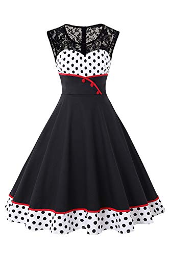 MisShow Damen elegant Petticoat Kleid 50er Jahre Rockabilly Retro Vintage Kleid Faltenrock Kleid Weiss L - 1