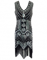 OOFIT Damen 1920er Gatsby Pailletten Kleider, V-Ausschnitt Perlen Franse Flapper Charleston Kleid, Schwarz, Gr.XL(EU42) -