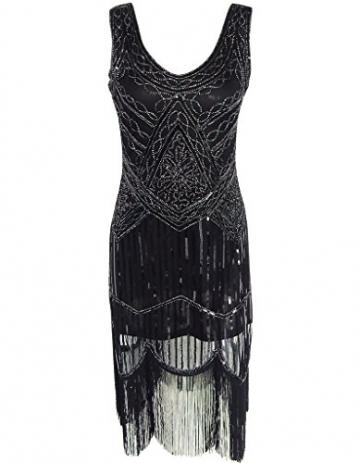 OOFIT Damen Weinlese 1920 Pailletten Perlen Double Sided ausgebogter Rand Flapper Kleid abendkeid Gr. 42 -