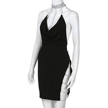 OVERDOSE Damen Tiefem V-Ausschnitt Neckholder Rückenfrei Choker Schlitz Pailletten Bodycon Minikleid Club Partyleid (A-Black,EU-42/CN-XL) - 4