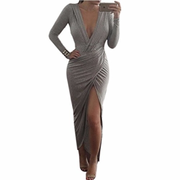 QIYUN.Z Sexy Tiefem V-Ausschnitt Grau Bodycon Frauen Langarm-Hoch Split Cocktail-Kleid - 1