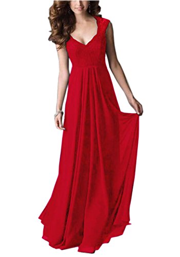 REPHYLLIS Damen Vintage Chiffon Hochzeit Brautjungfer Lang Spitzenkleider Abendkleider(M,Rot) -