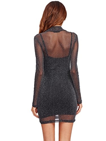 ROMWE Damen 2-in-1 Figurbetones Kleid mit Tüll-Oberteil Bodycon Cocktailkleid Partykleid Schwarz XS - 2