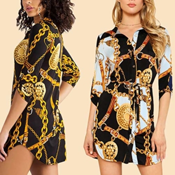 SANNYSIS Damen Langarm Hemdkleid V-Ausschnitt Elegant Kurz Blusenkleid Sexy Shirt Kleid Oberteil Kleid Bodycon Minikleid mit Gürtel Boho Drucken Sommerkleid Kleider (S, Weiß) - 4